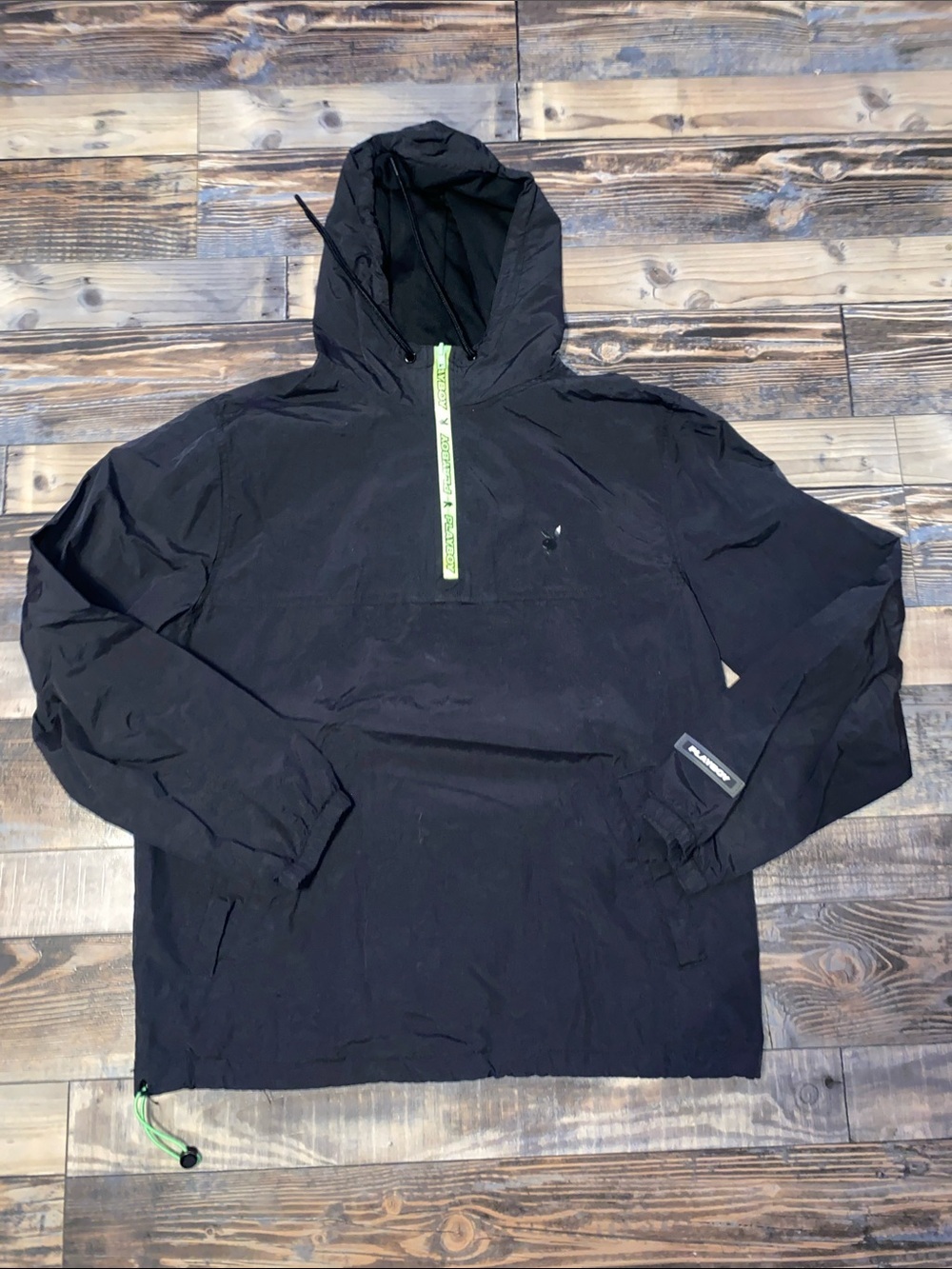 PacSun Playboy Black Hooded Pullover Anorak with Neon Green Trim